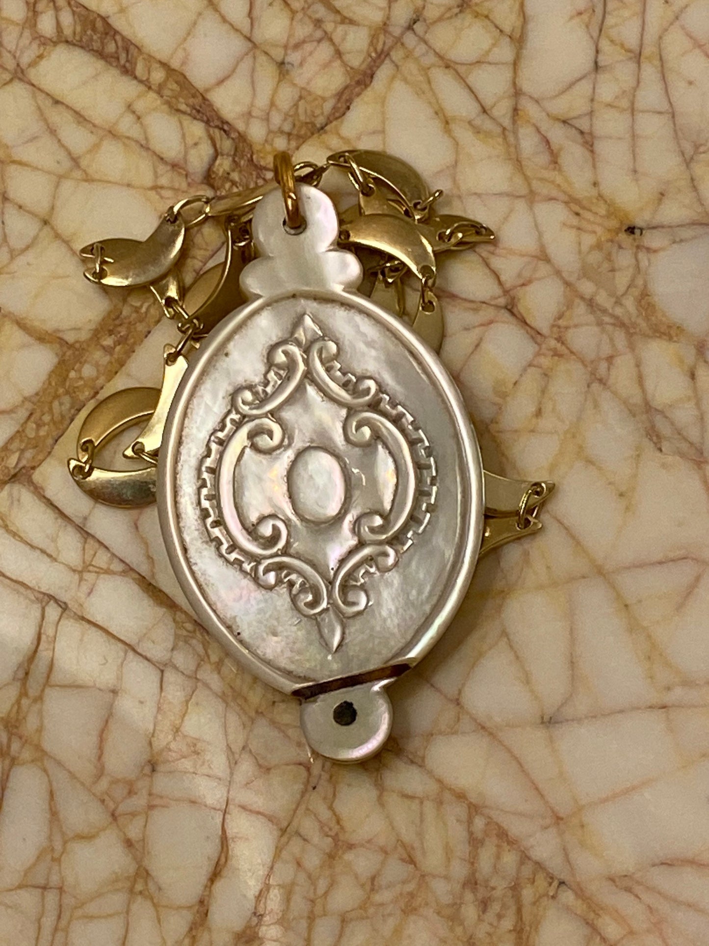 Antique French Slide Locket with 14k Bail | LARGE Mother of Pearl Locket with an Antique Mirror Inside