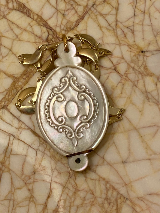Antique French Slide Locket with 14k Bail | LARGE Mother of Pearl Locket with an Antique Mirror Inside