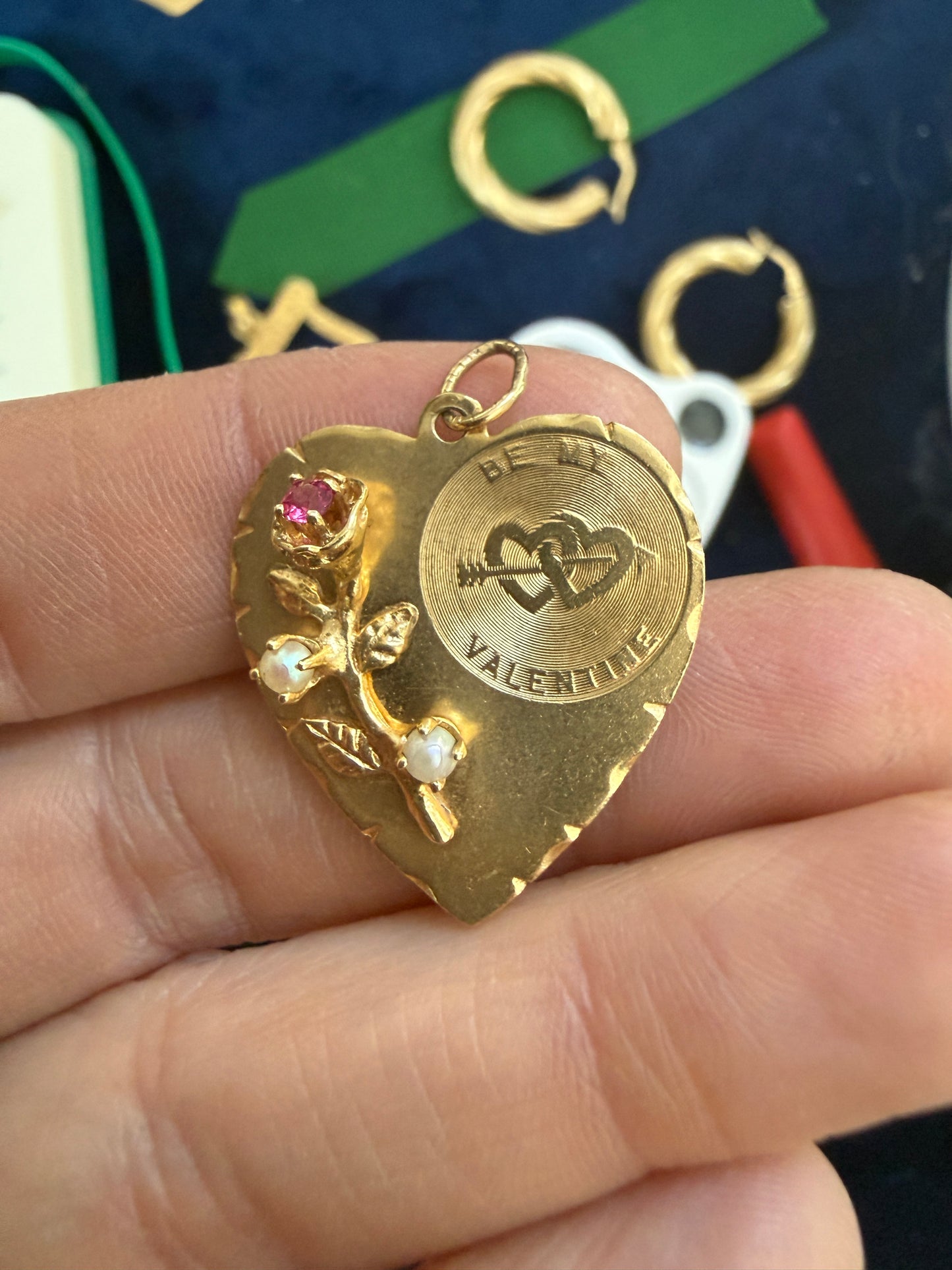 Vintage 14k, ruby & pearl Valentines Day Heart Charm