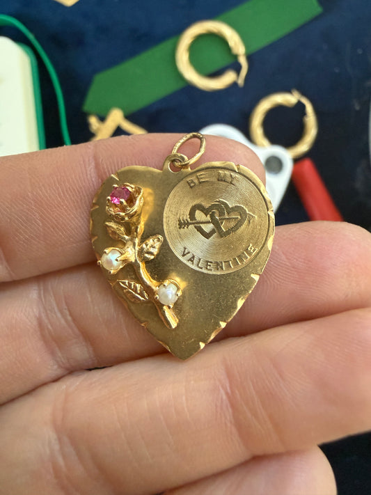 Vintage 14k, ruby & pearl Valentines Day Heart Charm