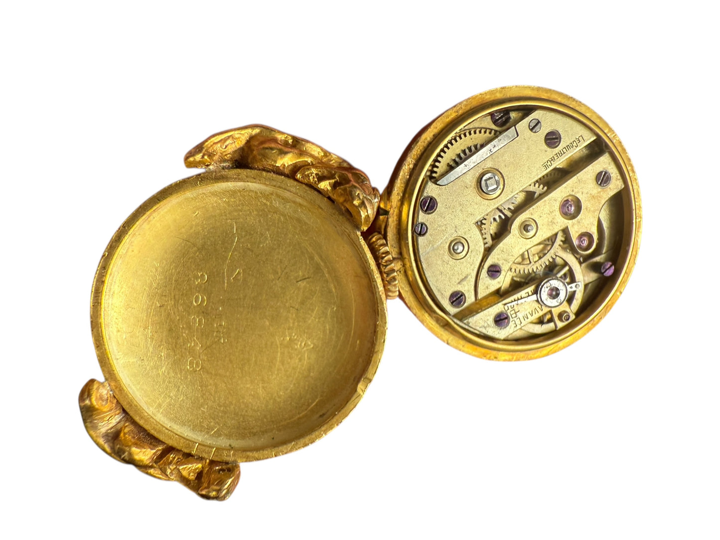 Working Antique French 18k Yellow Gold, Diamond, Enamel Ring Watch, signed LeCoultre & Cie