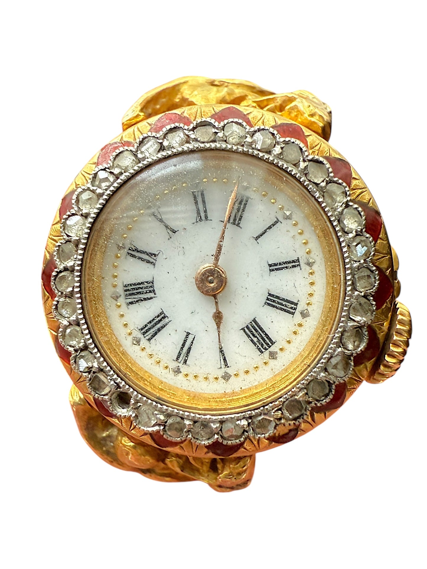 Working Antique French 18k Yellow Gold, Diamond, Enamel Ring Watch, signed LeCoultre & Cie