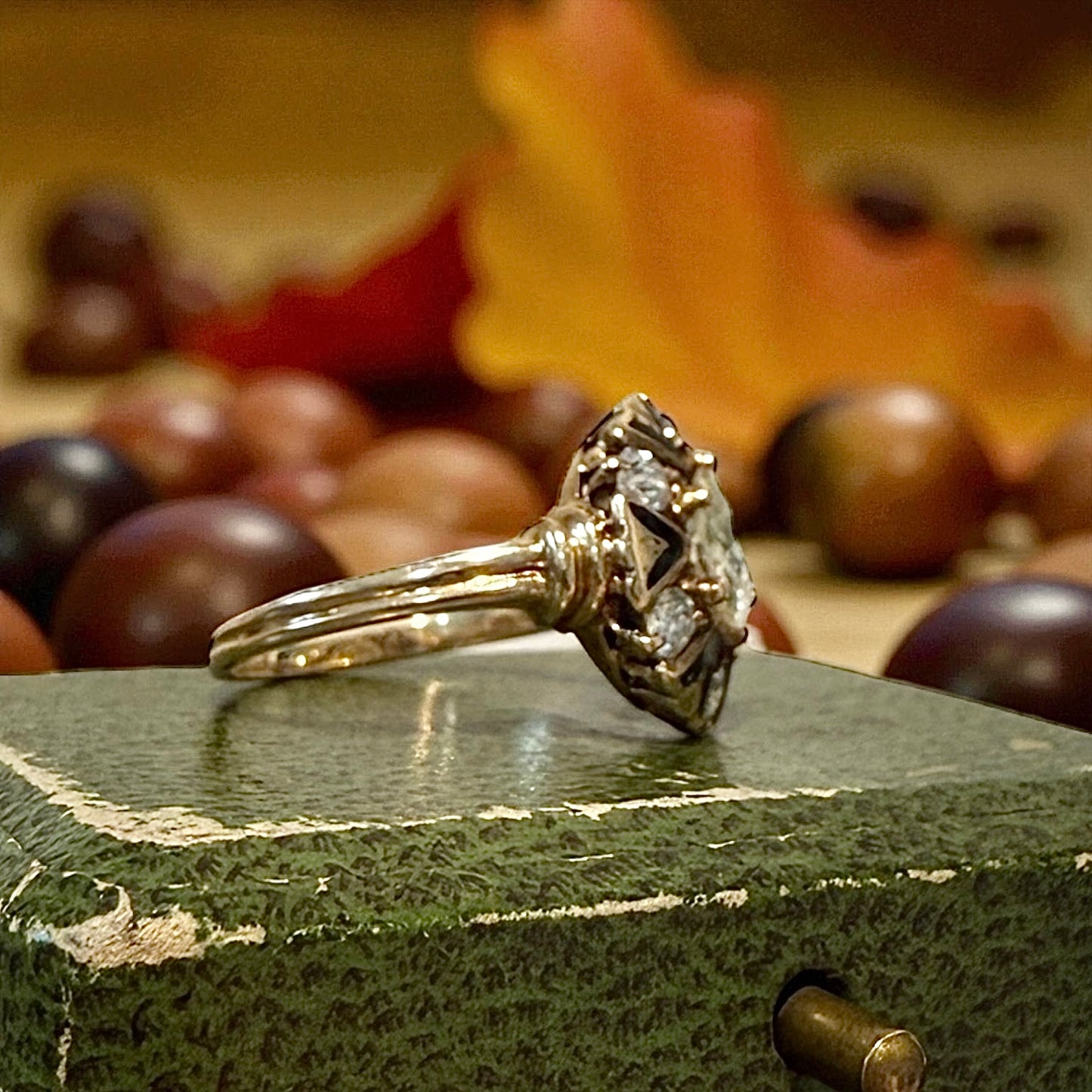 Antique 14k Old European Cut Diamond Ring with Enamel Accents