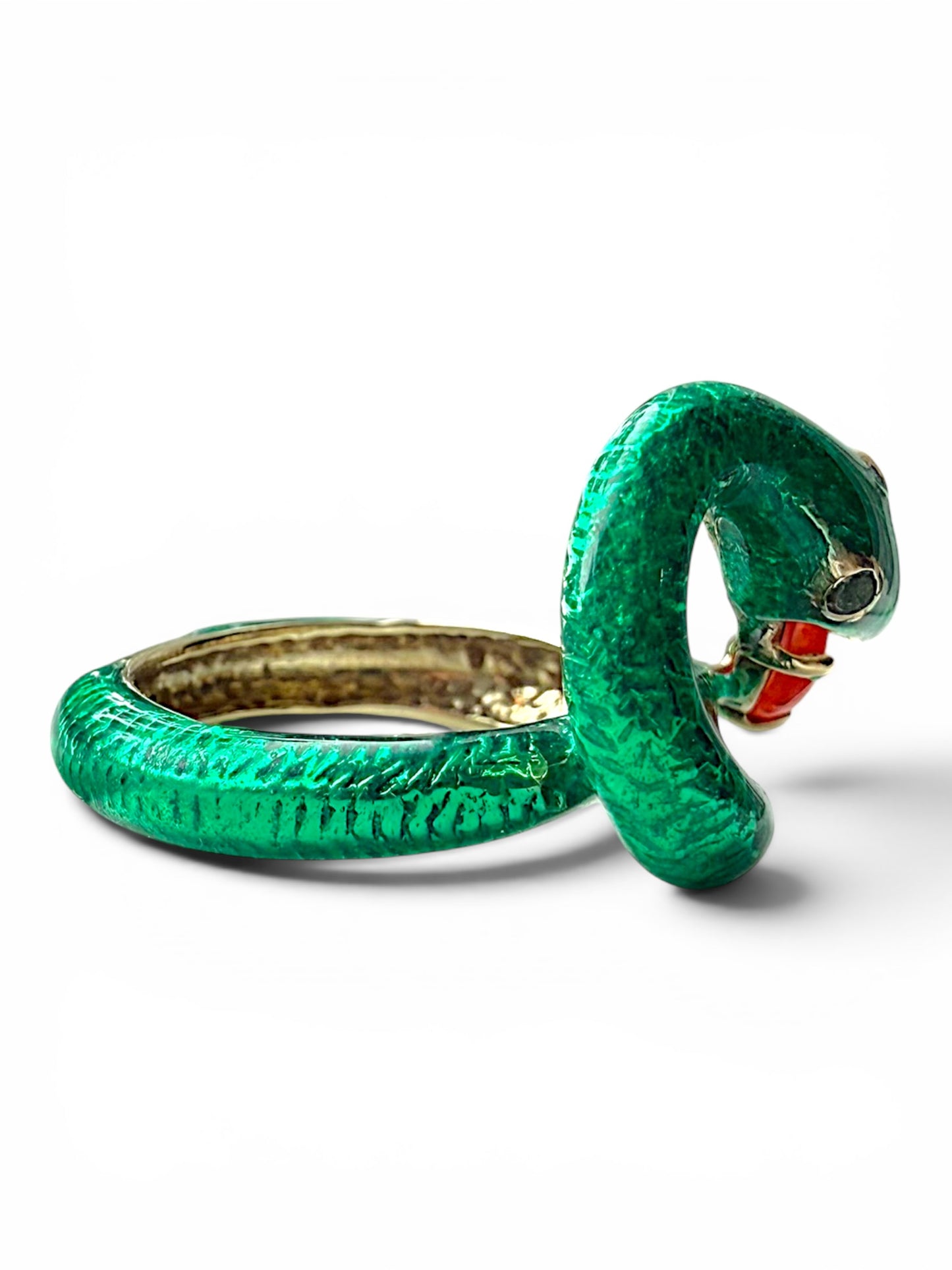 Vintage 14k Yellow Gold, Coral, Enamel Snake and Apple Ring