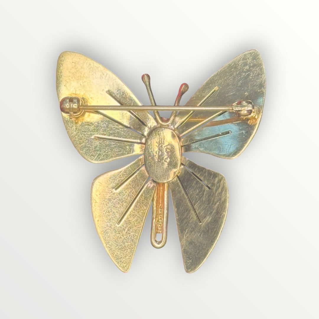 Vintage 14k Yellow Gold Ruby  Butterfly Brooch - Signed by Carl-Art