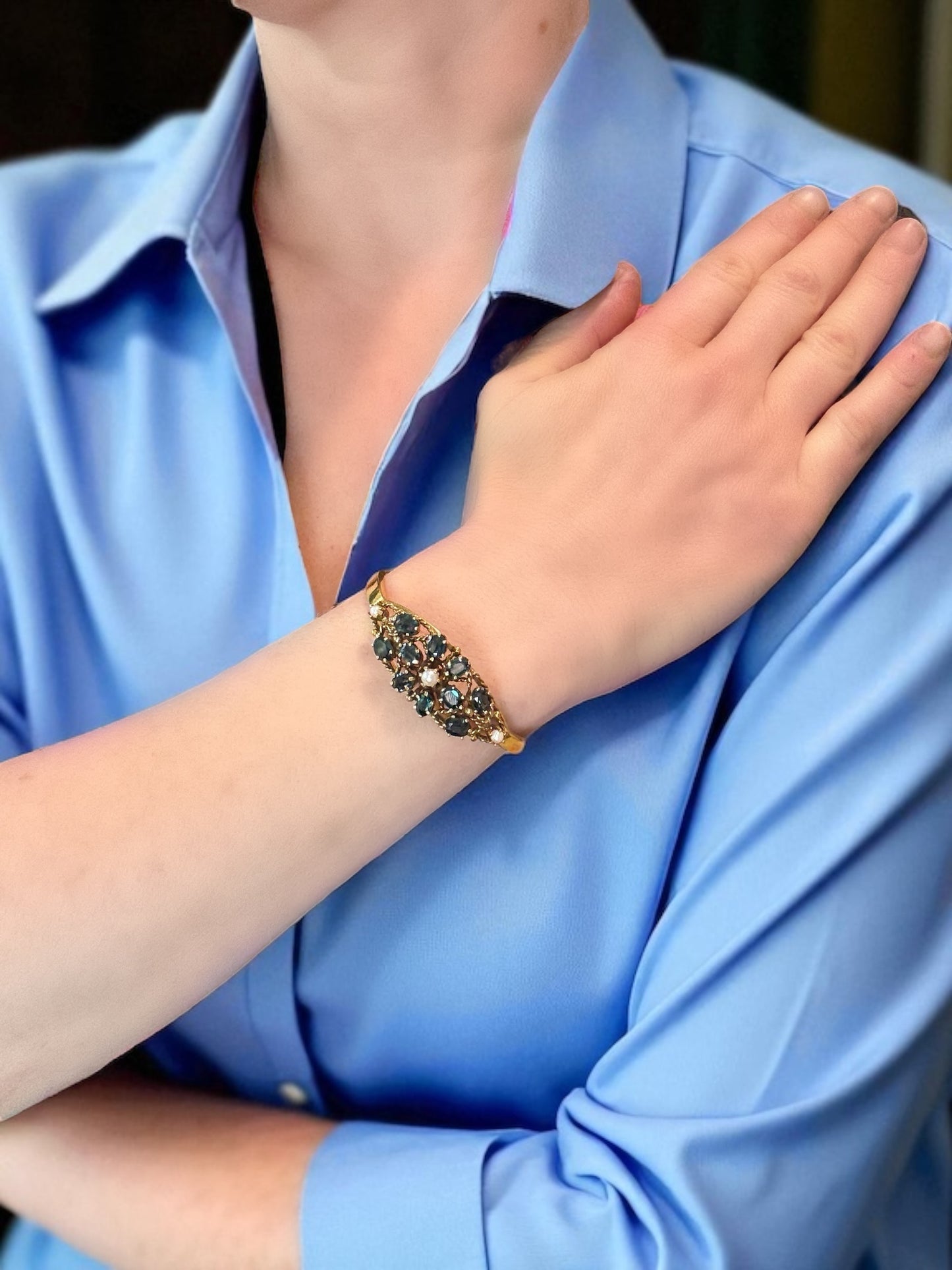 Vintage 14k Sapphire Pearl Bangle