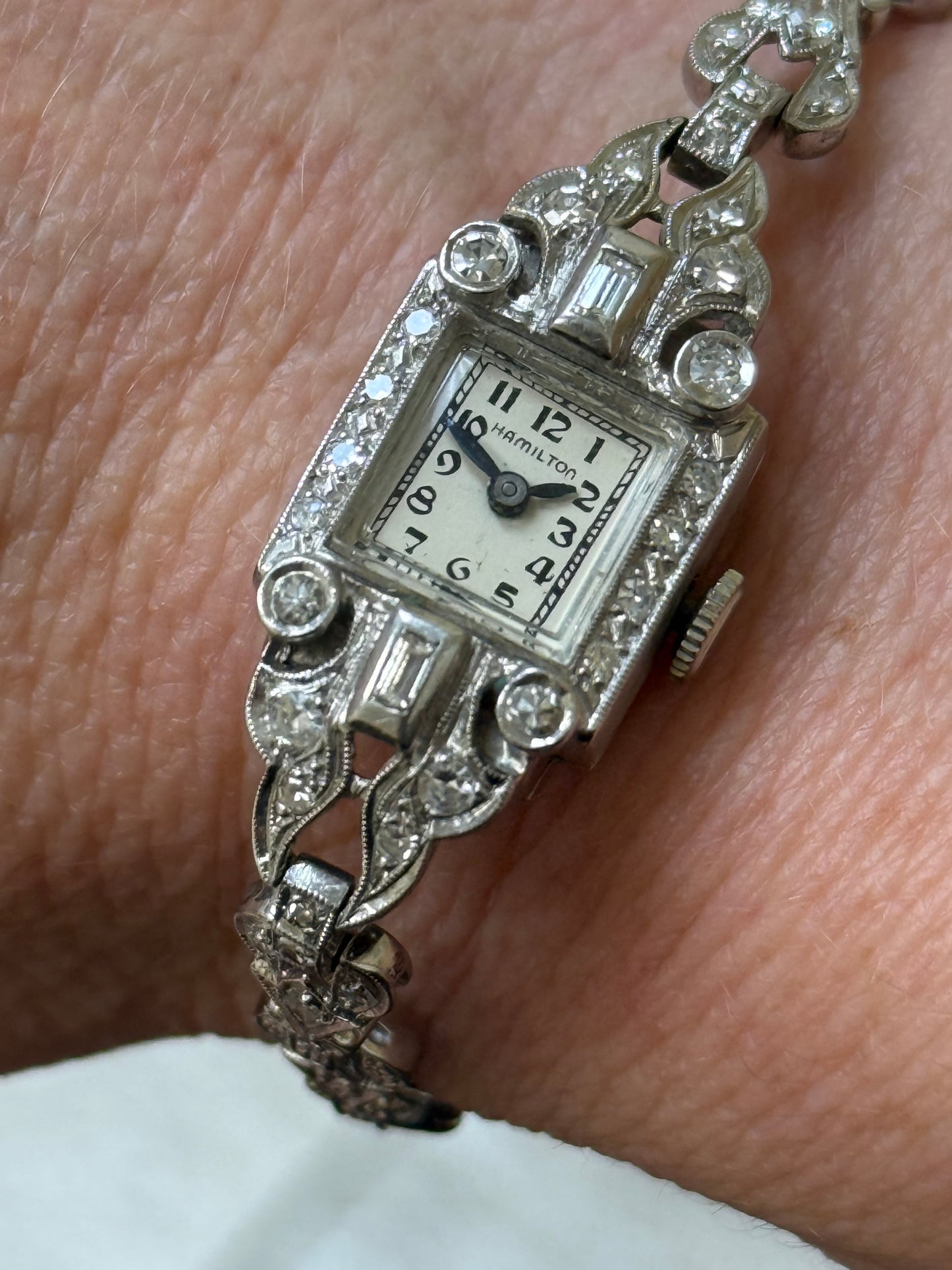 Vintage Hamilton 14K White Gold Diamond Art Deco Ladies' Cocktail Watch - Running
