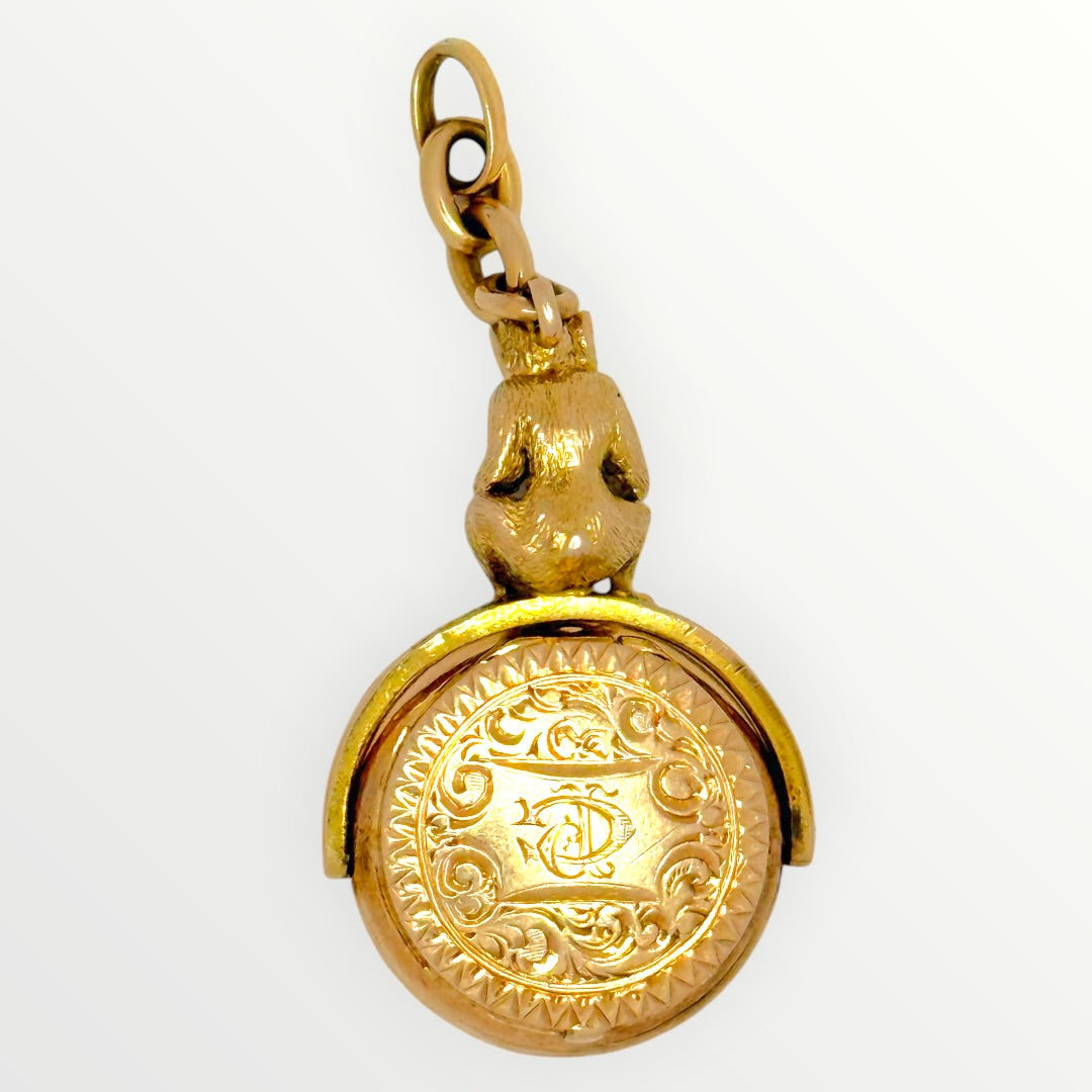Antique 18k Gold in Quartz Reading Monkey Swivel Watch Fob Locket