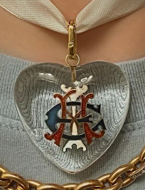 Antique Rock Crystal Heart Enamel AEI Momogram 14k Bail