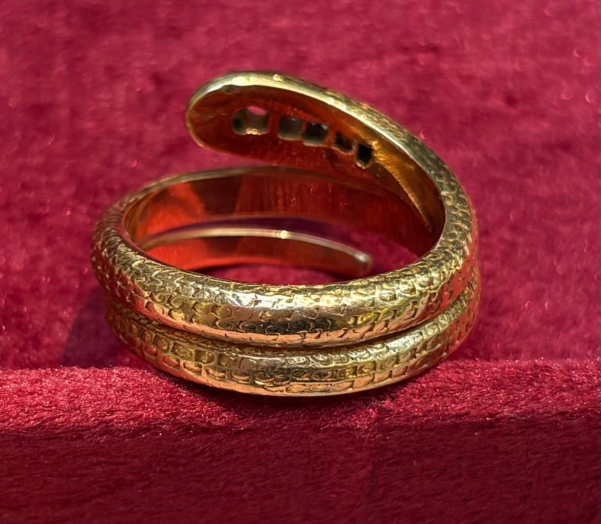 Antique 18k Yellow Gold Ruby Diamond Snake Bypass Ring