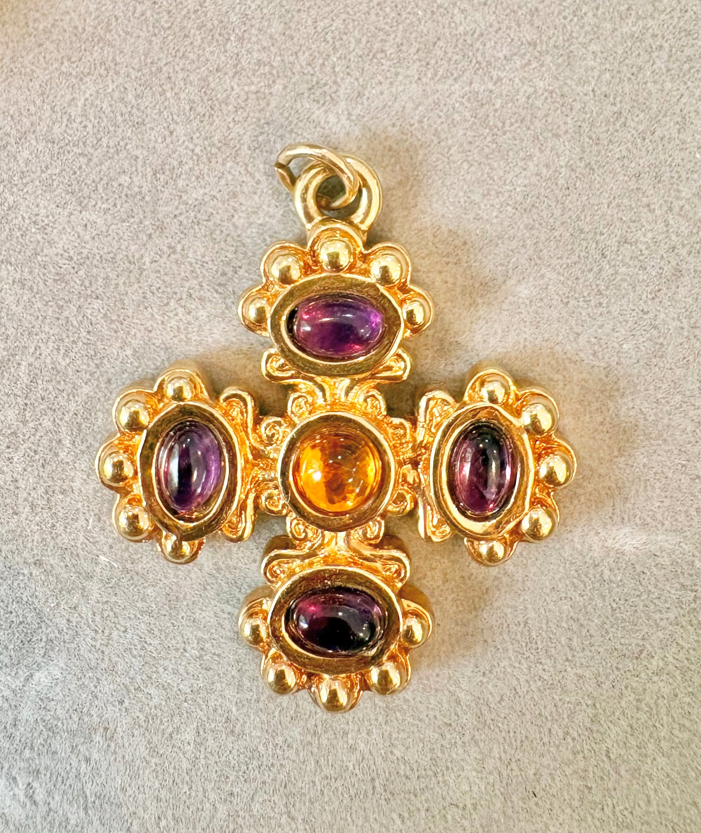 Vintage 18K Yellow Gold Cross Charm with Citrine and Amethyst
