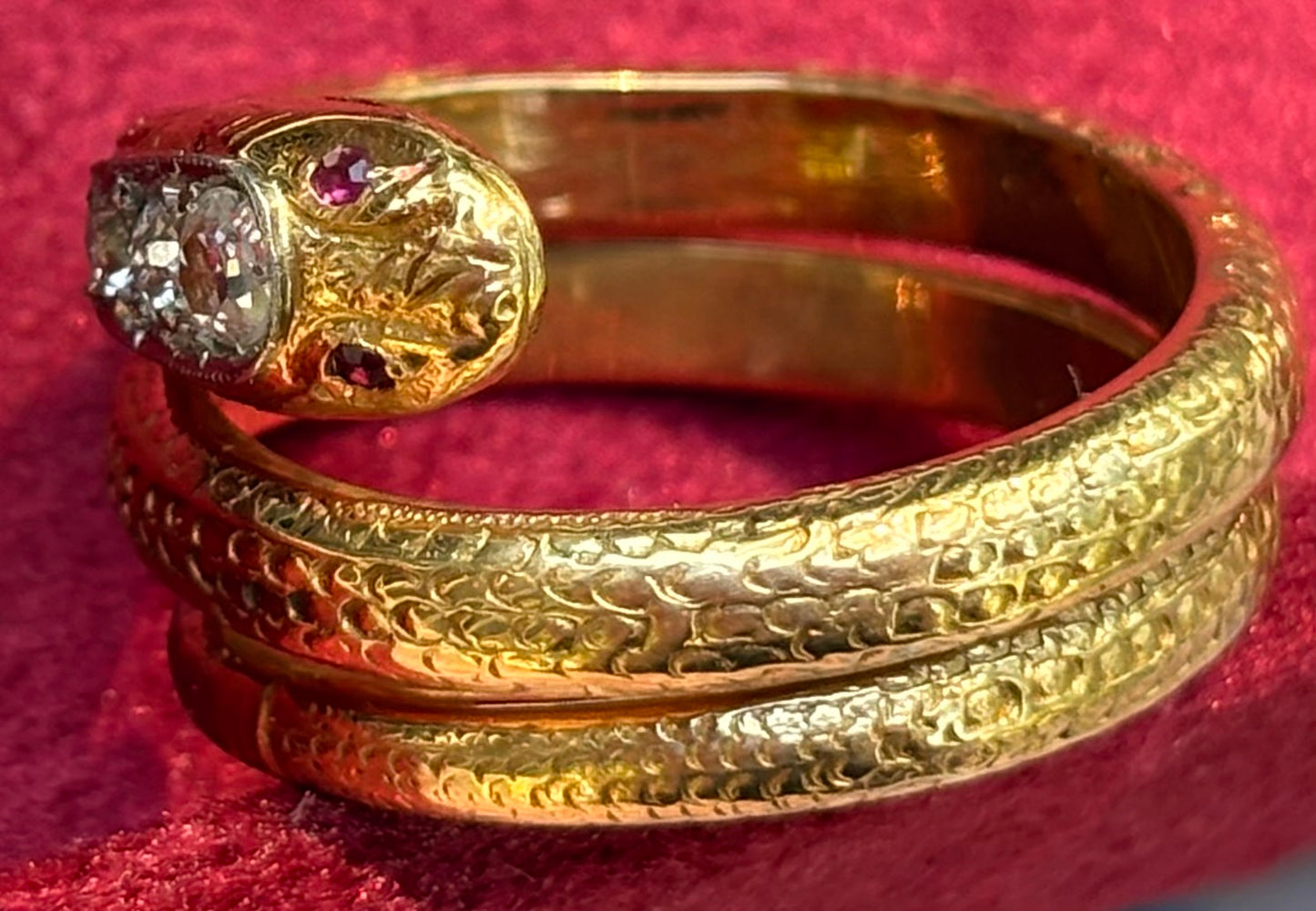 Antique 18k Yellow Gold Ruby Diamond Snake Bypass Ring