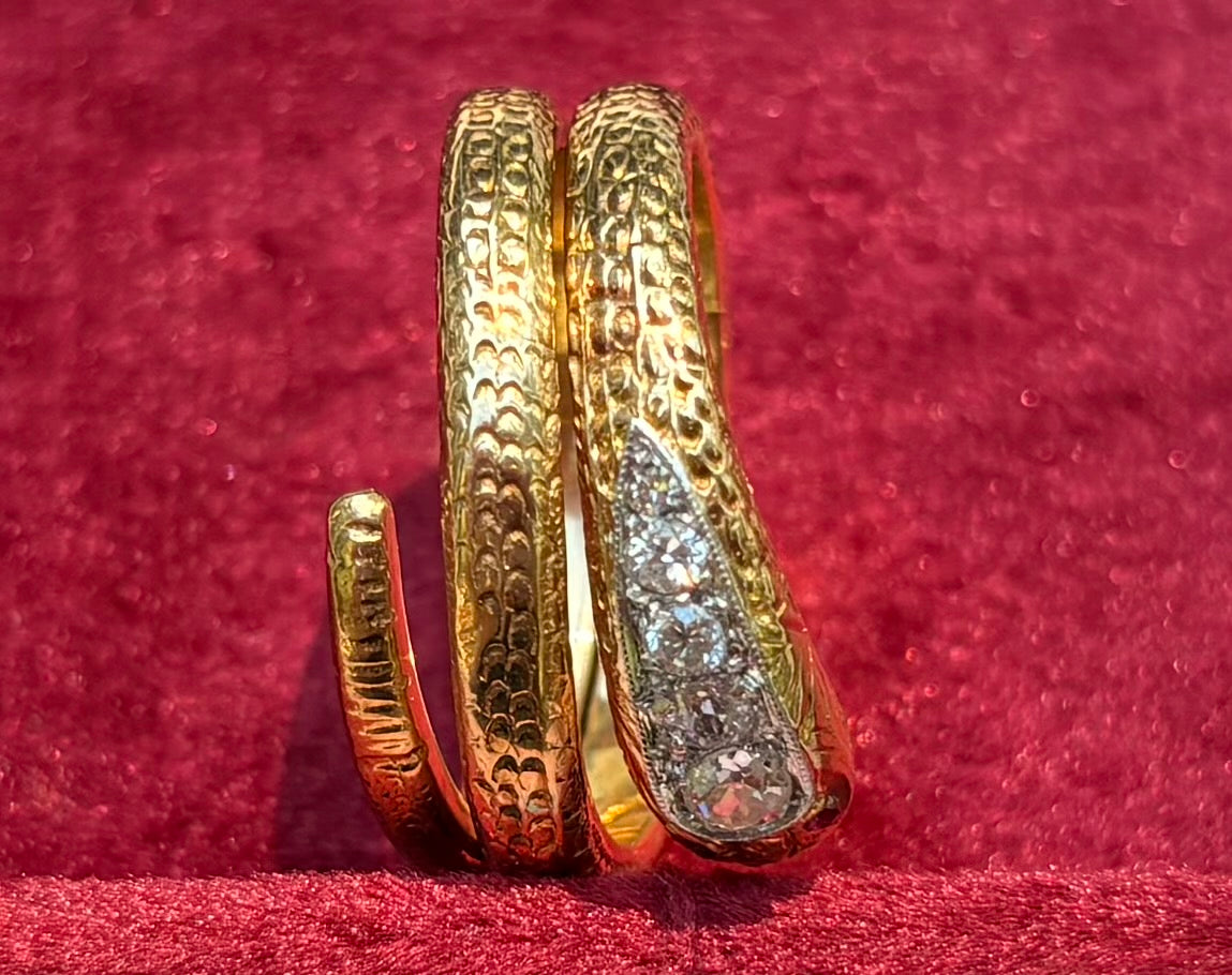Antique 18k Yellow Gold Ruby Diamond Snake Bypass Ring