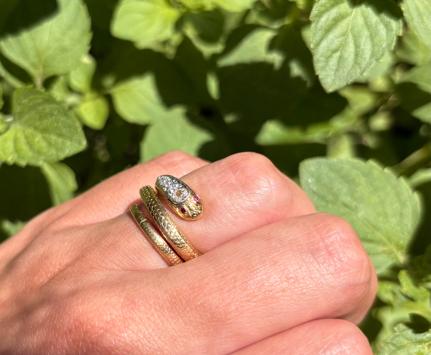Antique 18k Yellow Gold Ruby Diamond Snake Bypass Ring