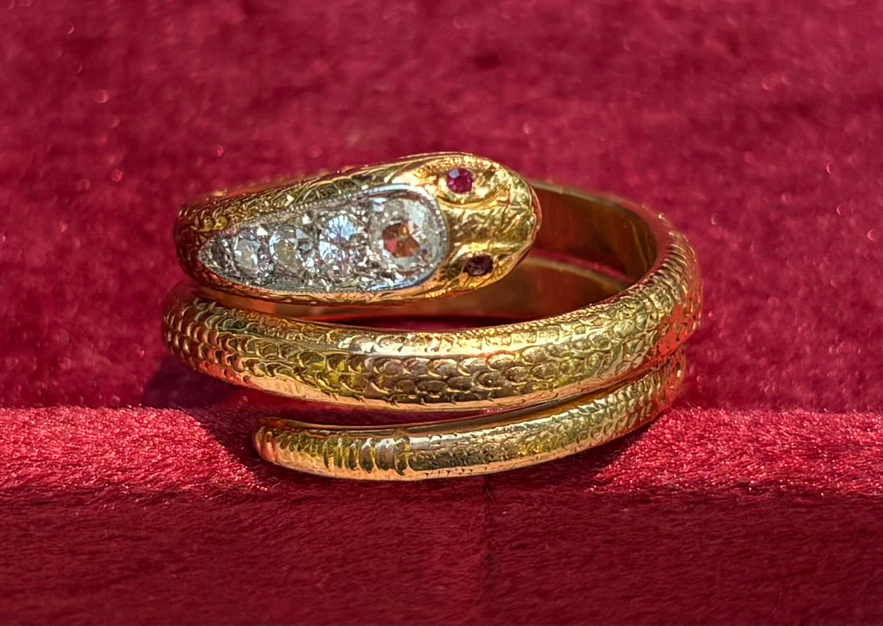 Antique 18k Yellow Gold Ruby Diamond Snake Bypass Ring