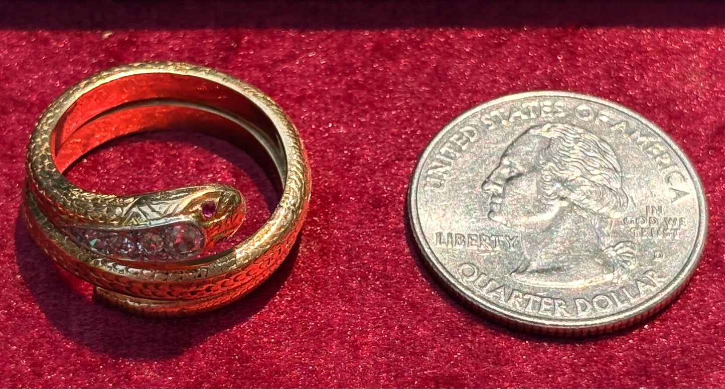 Antique 18k Yellow Gold Ruby Diamond Snake Bypass Ring
