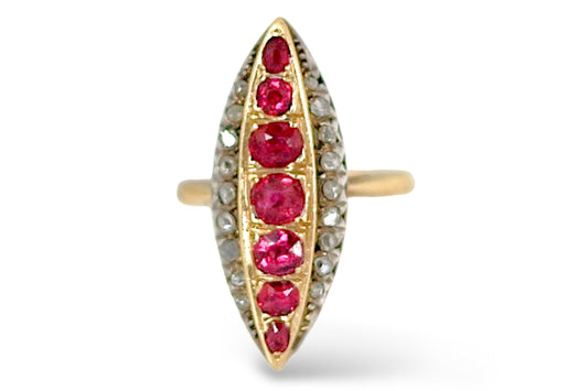 Antique French 18k Ruby and Diamond Navette Ring