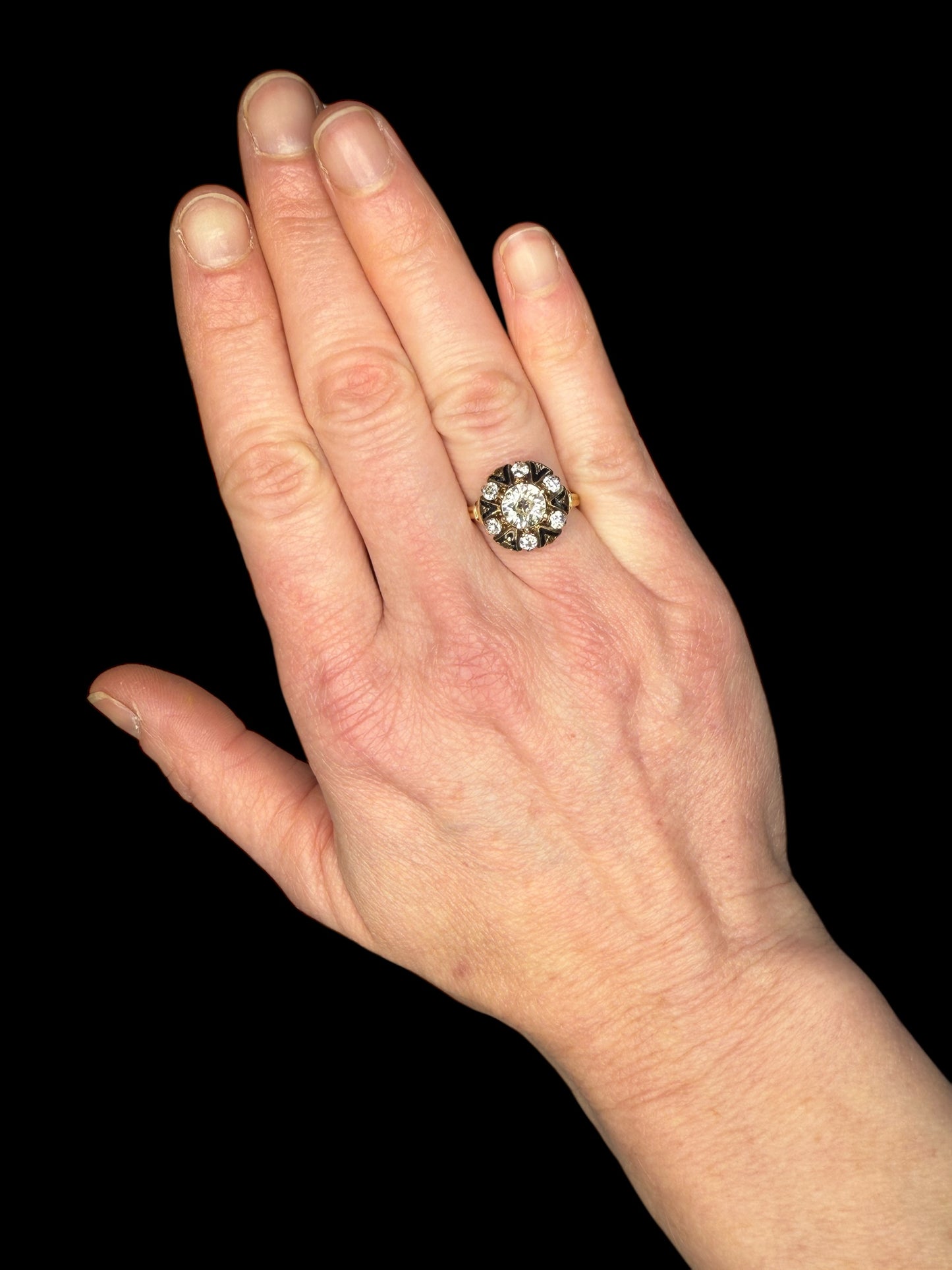 Antique 14k Old European Cut Diamond Ring with Enamel Accents