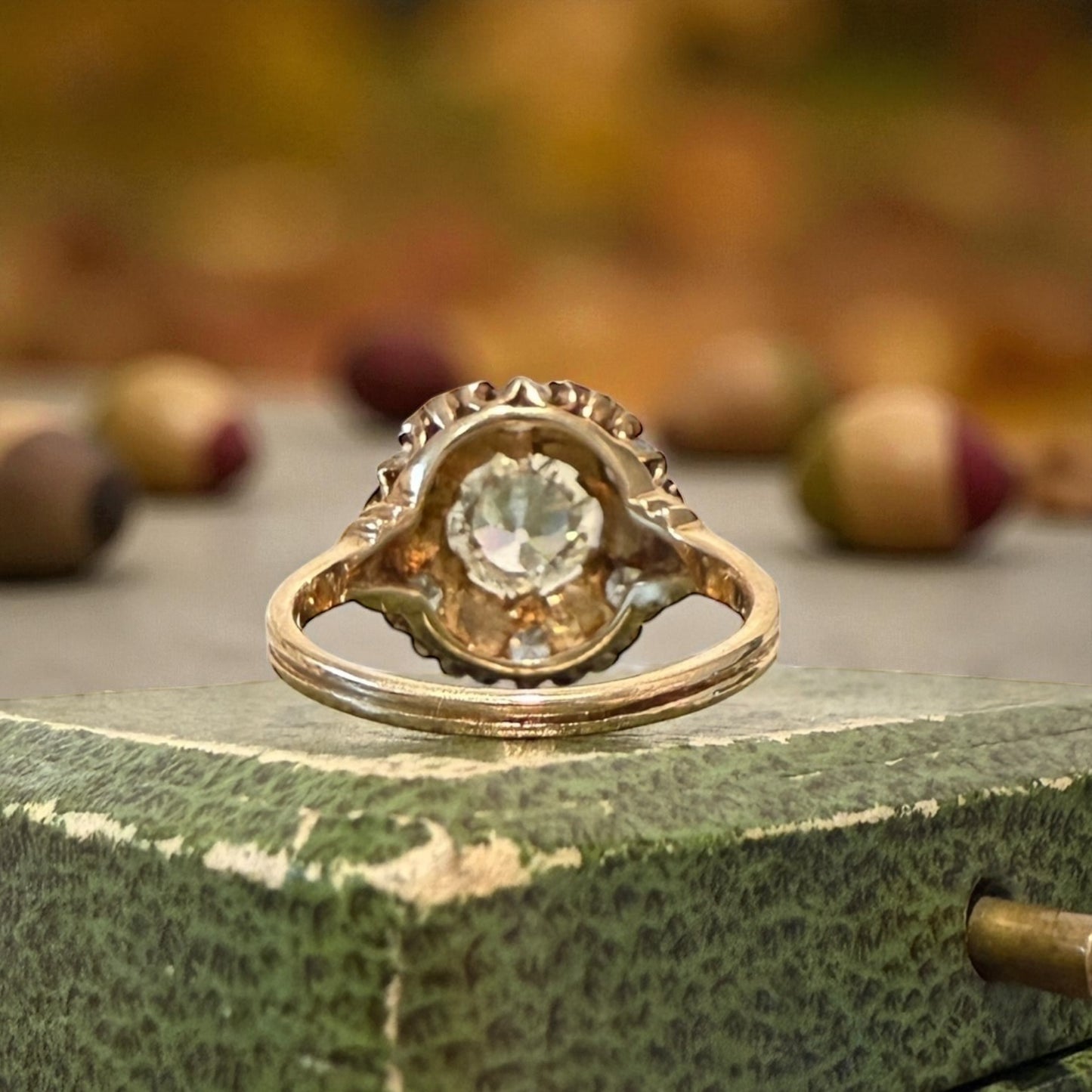 Antique 14k Old European Cut Diamond Ring with Enamel Accents