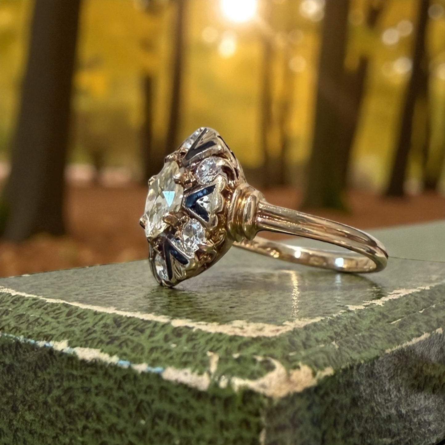 Antique 14k Old European Cut Diamond Ring with Enamel Accents