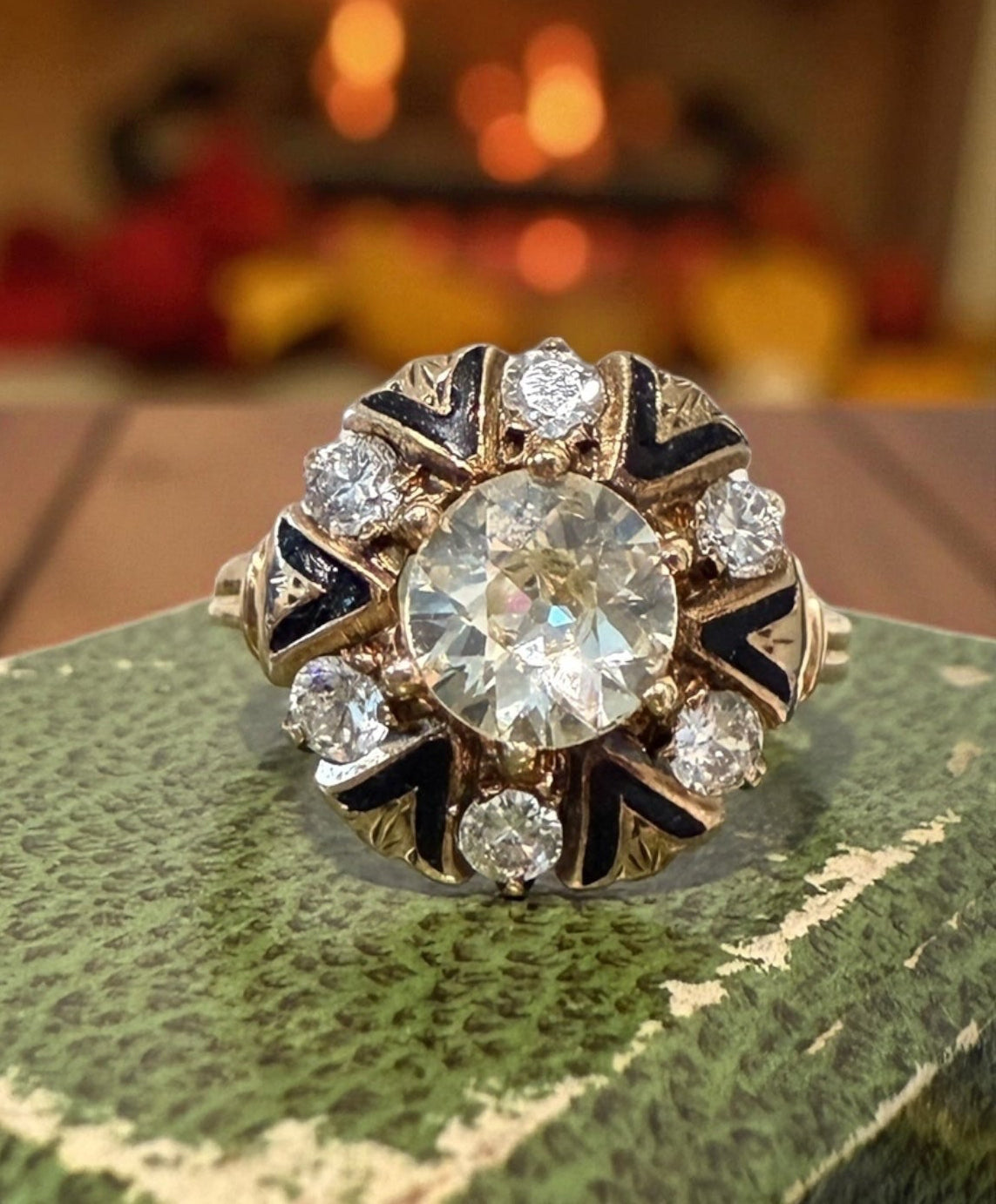 Antique 14k Old European Cut Diamond Ring with Enamel Accents