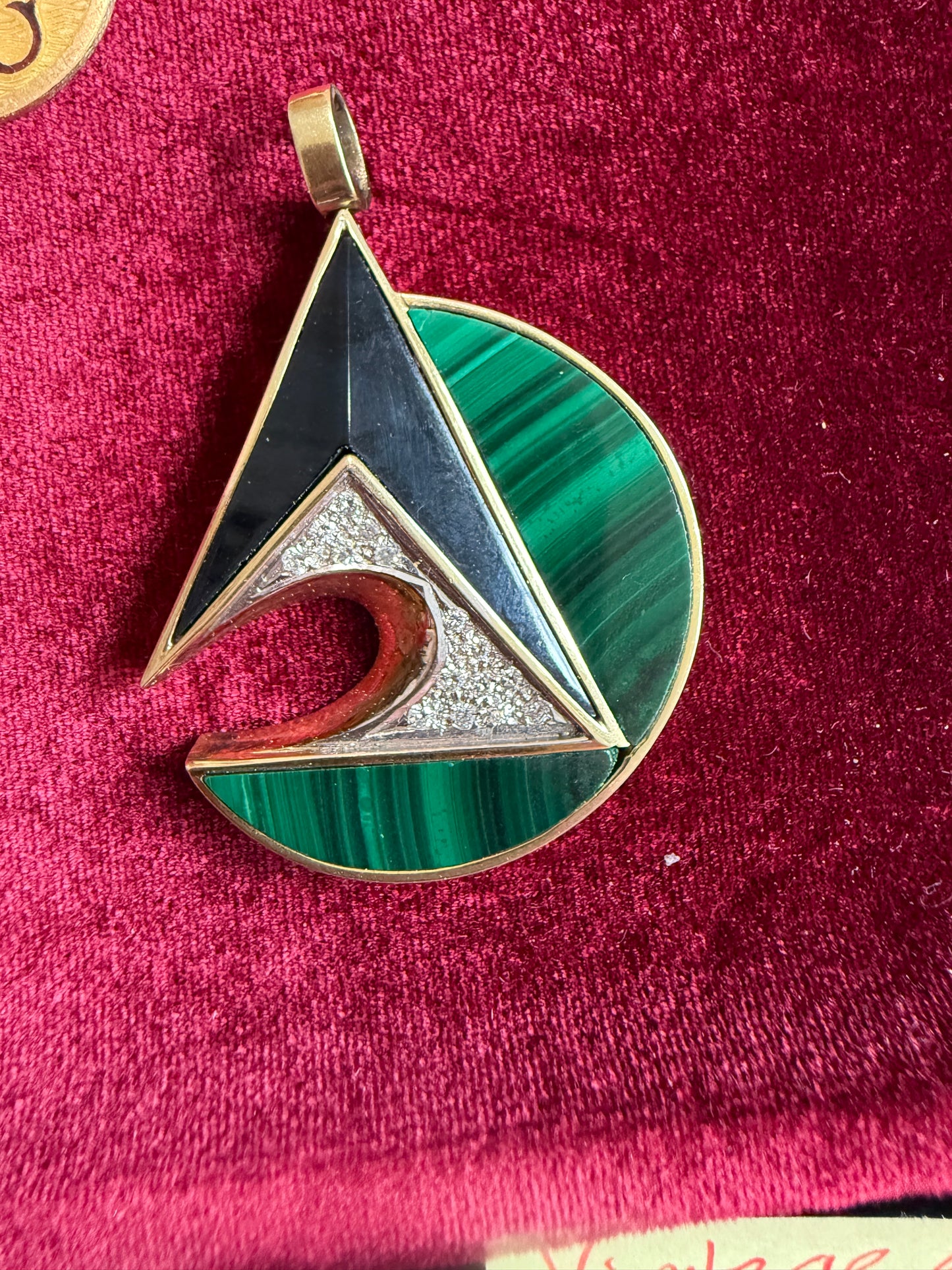 Vintage 14k Malachite, Onyx & Diamond Pendant