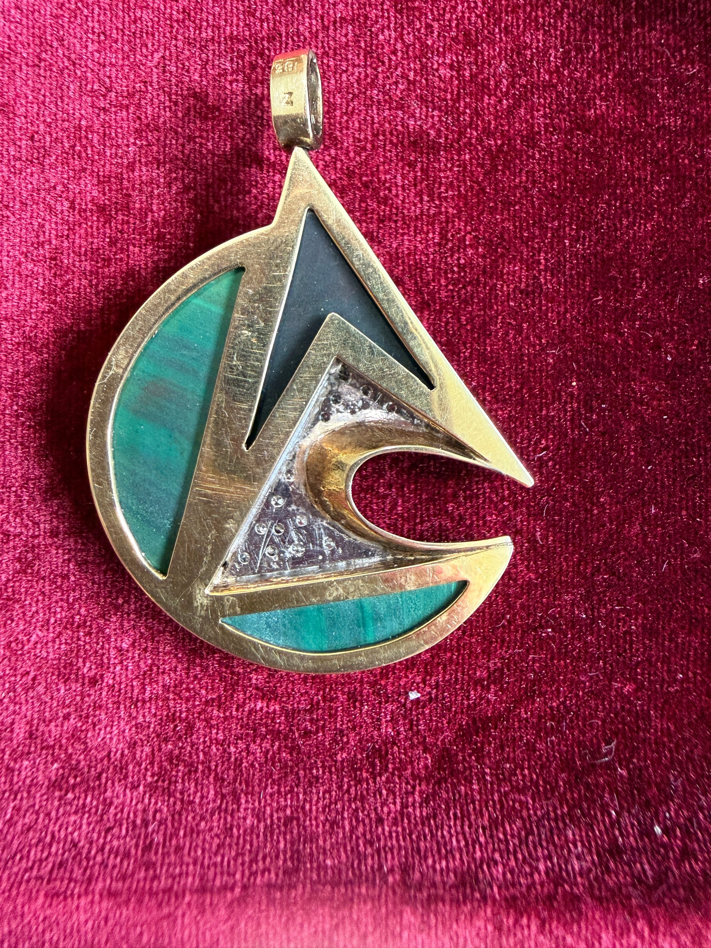 Vintage 14k Malachite, Onyx & Diamond Pendant