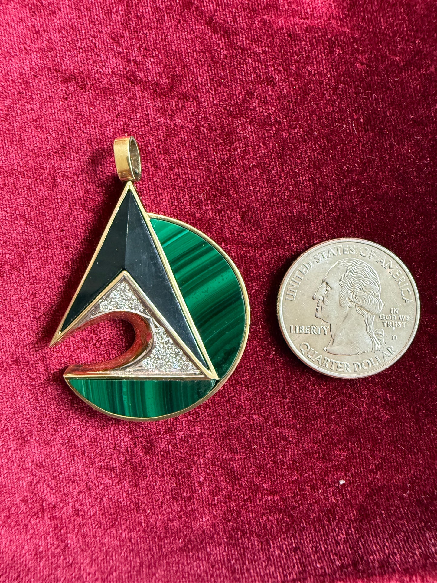 Vintage 14k Malachite, Onyx & Diamond Pendant