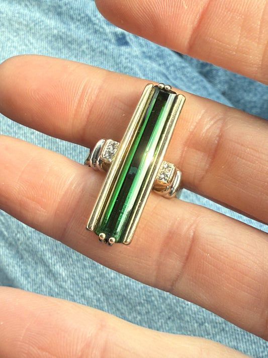 Vintage 14k Tourmaline Baguette and Diamond Ring
