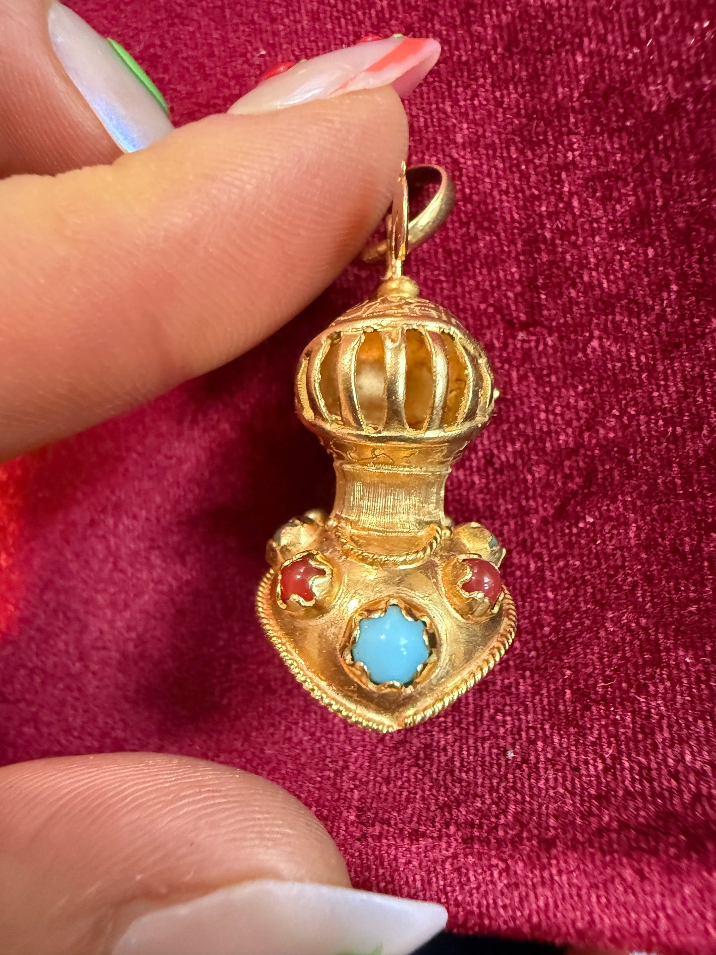 Vintage 14k Yellow Gold 3D Knight Helm Charm with Gemstones