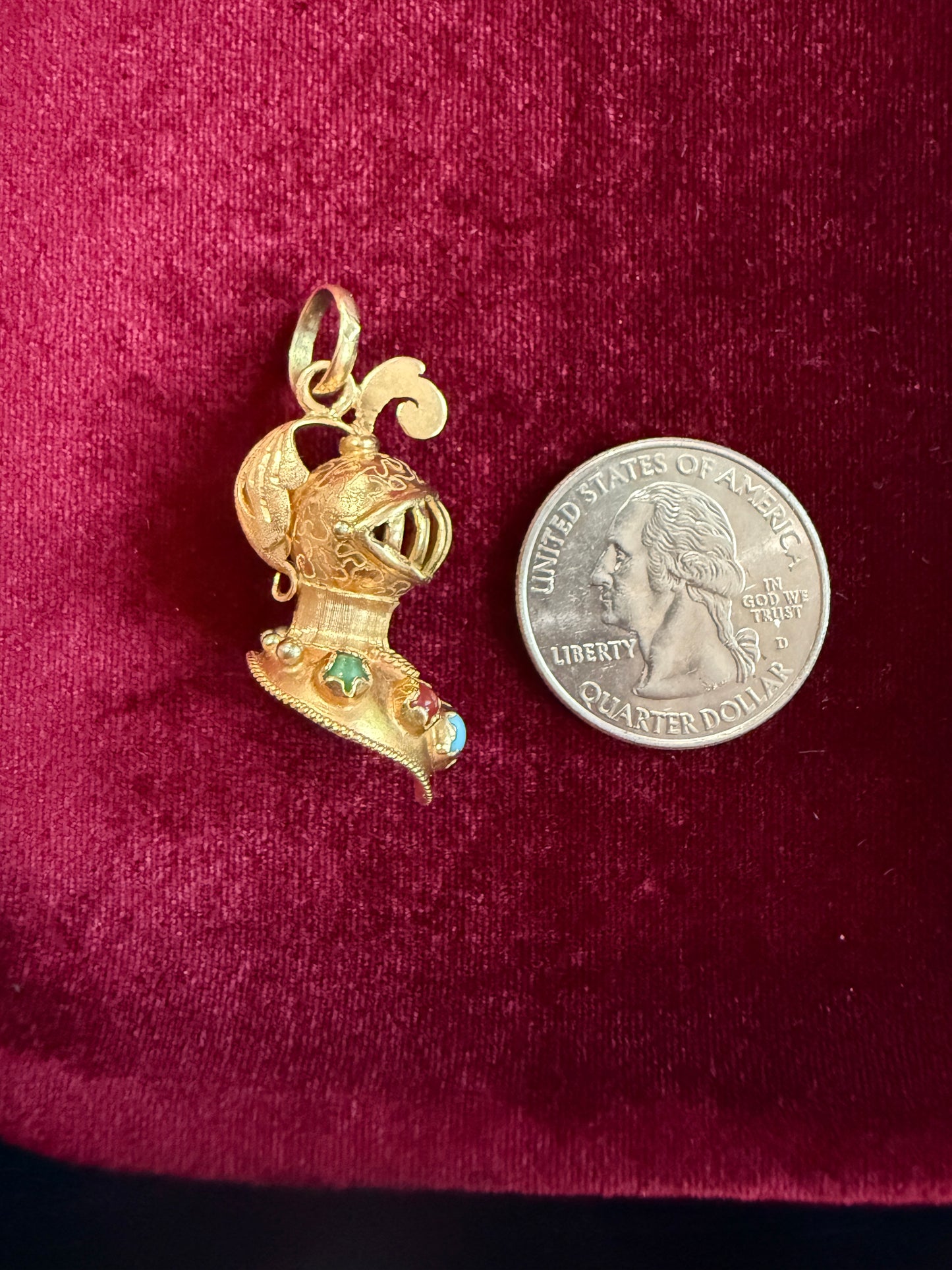 Vintage 14k Yellow Gold 3D Knight Helm Charm with Gemstones