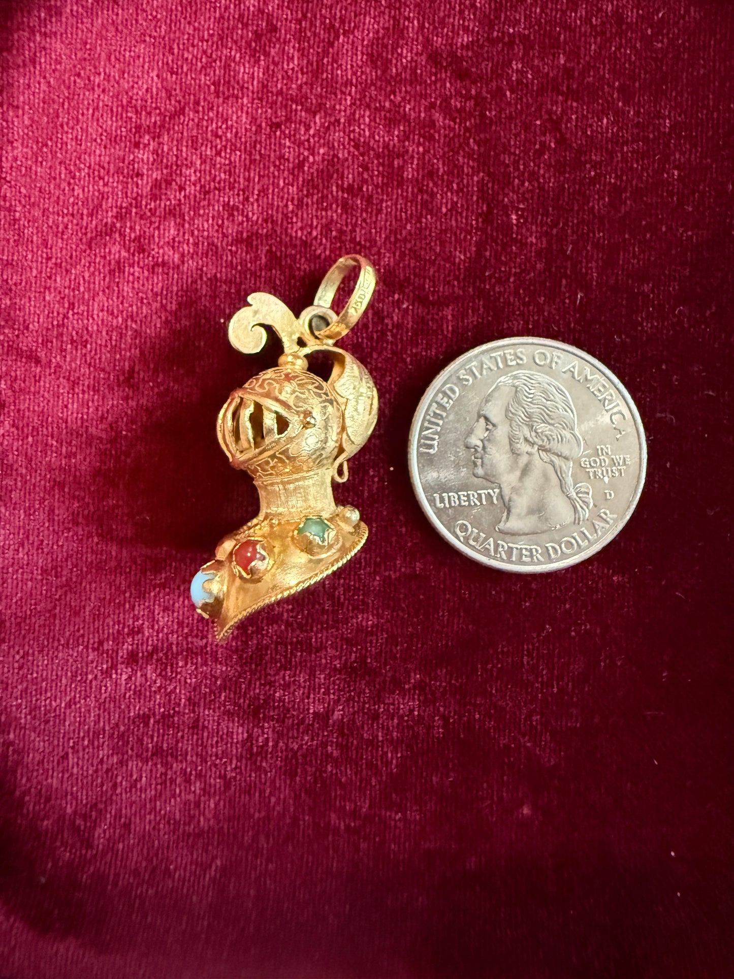 Vintage 14k Yellow Gold 3D Knight Helm Charm with Gemstones