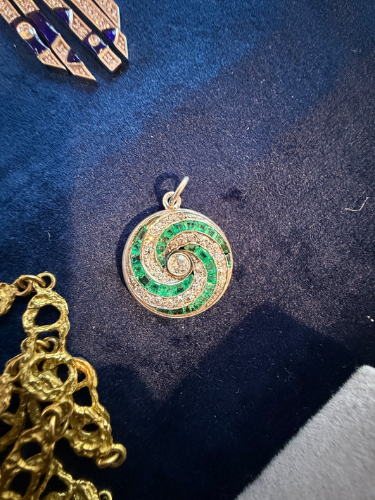 Antique Diamond and Emerald Swirl Pendant