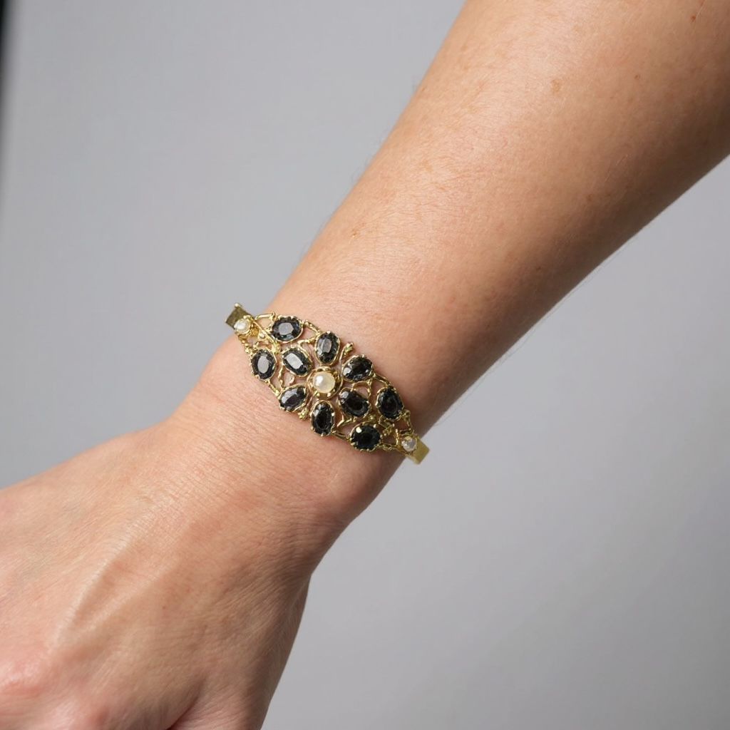 Vintage 14k Sapphire Pearl Bangle Bracelet