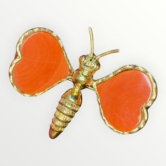 Vintage 18k Yellow Gold Coral Butterfly Brooch