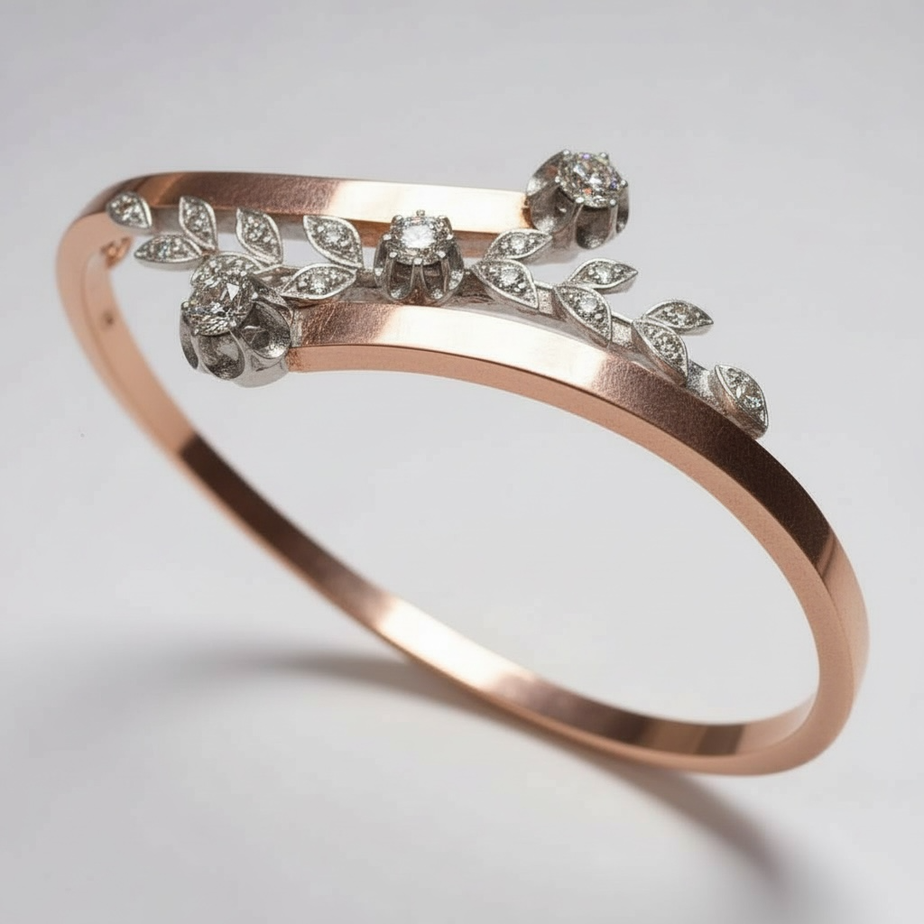 Antique French 18k Rose Gold Old Mine Cut and Rose Cut Diamond Bangle