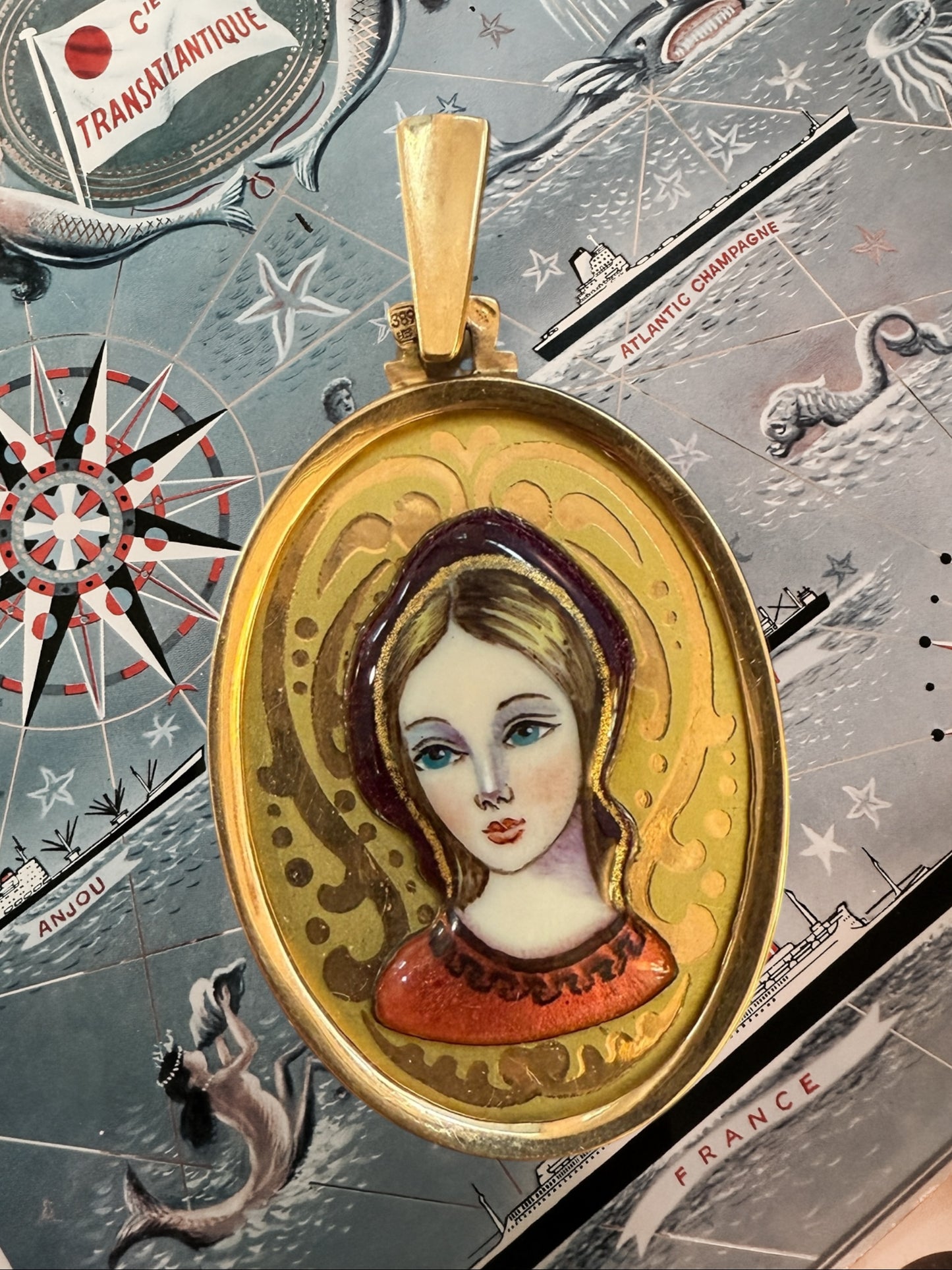 Vintage 18k Enamel Madonna Girl Pendant 3D Catholic Medal