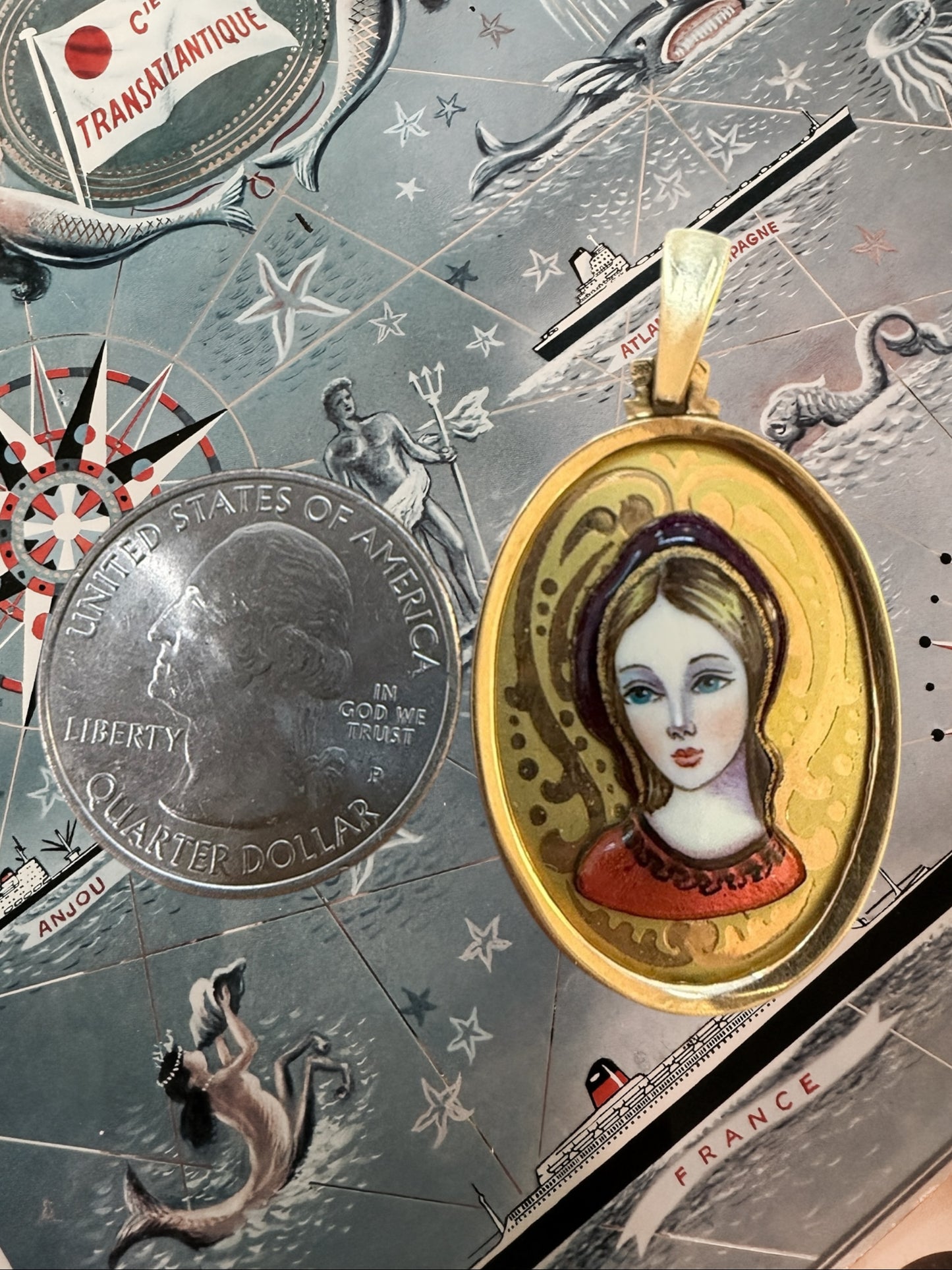 Vintage 18k Enamel Madonna Girl Pendant 3D Catholic Medal
