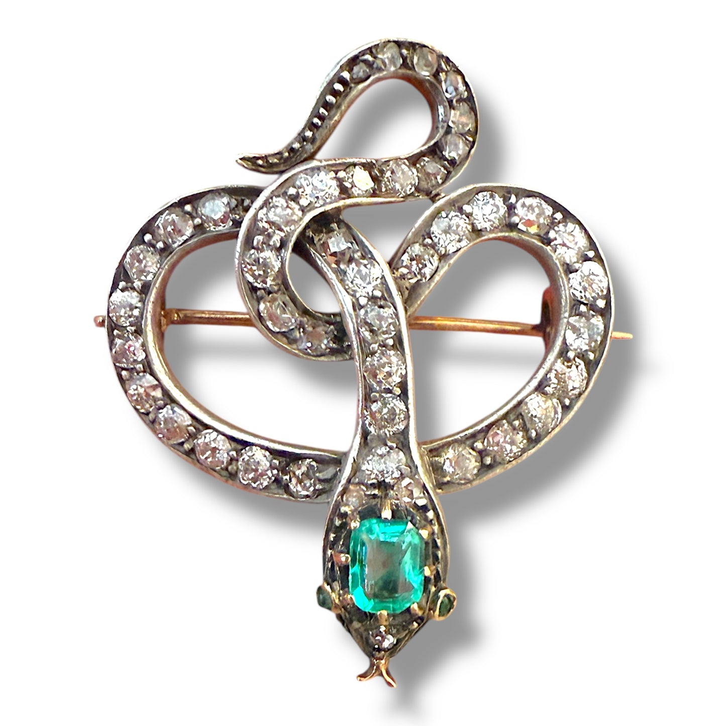 Antique 18k Diamond and Emerald Snake Brooch