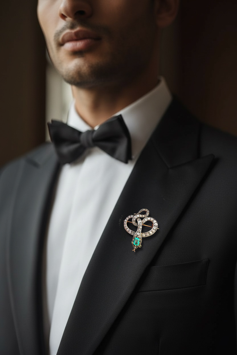 Antique 18k Diamond and Emerald Snake Brooch