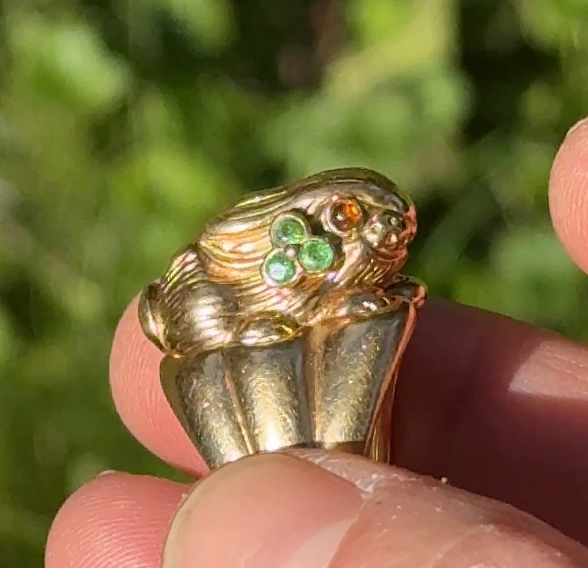 French Lucky Rabbit Ring, 18k Gold with Tsavorite Clovers & Citrine Eye, Size 6 Resizable