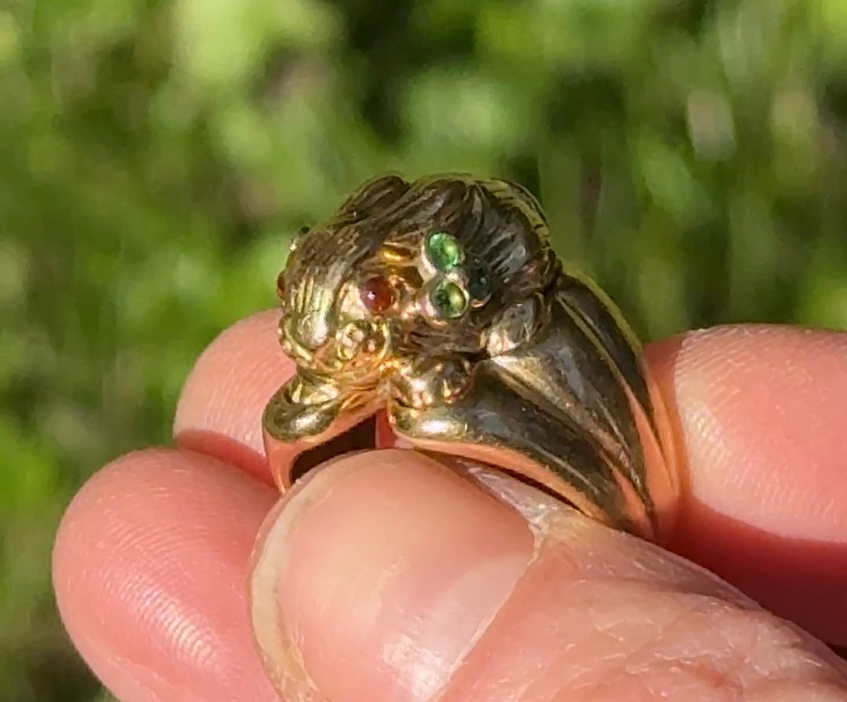 French Lucky Rabbit Ring, 18k Gold with Tsavorite Clovers & Citrine Eye, Size 6 Resizable