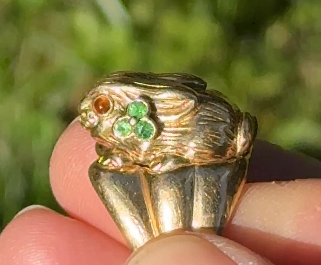 French Lucky Rabbit Ring, 18k Gold with Tsavorite Clovers & Citrine Eye, Size 6 Resizable