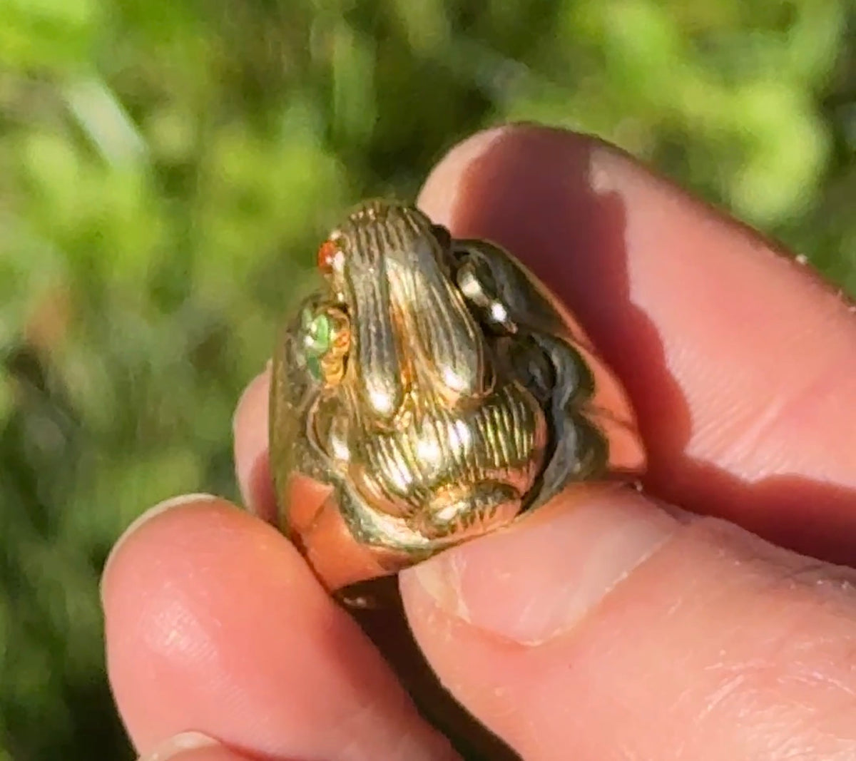 French Lucky Rabbit Ring, 18k Gold with Tsavorite Clovers & Citrine Eye, Size 6 Resizable