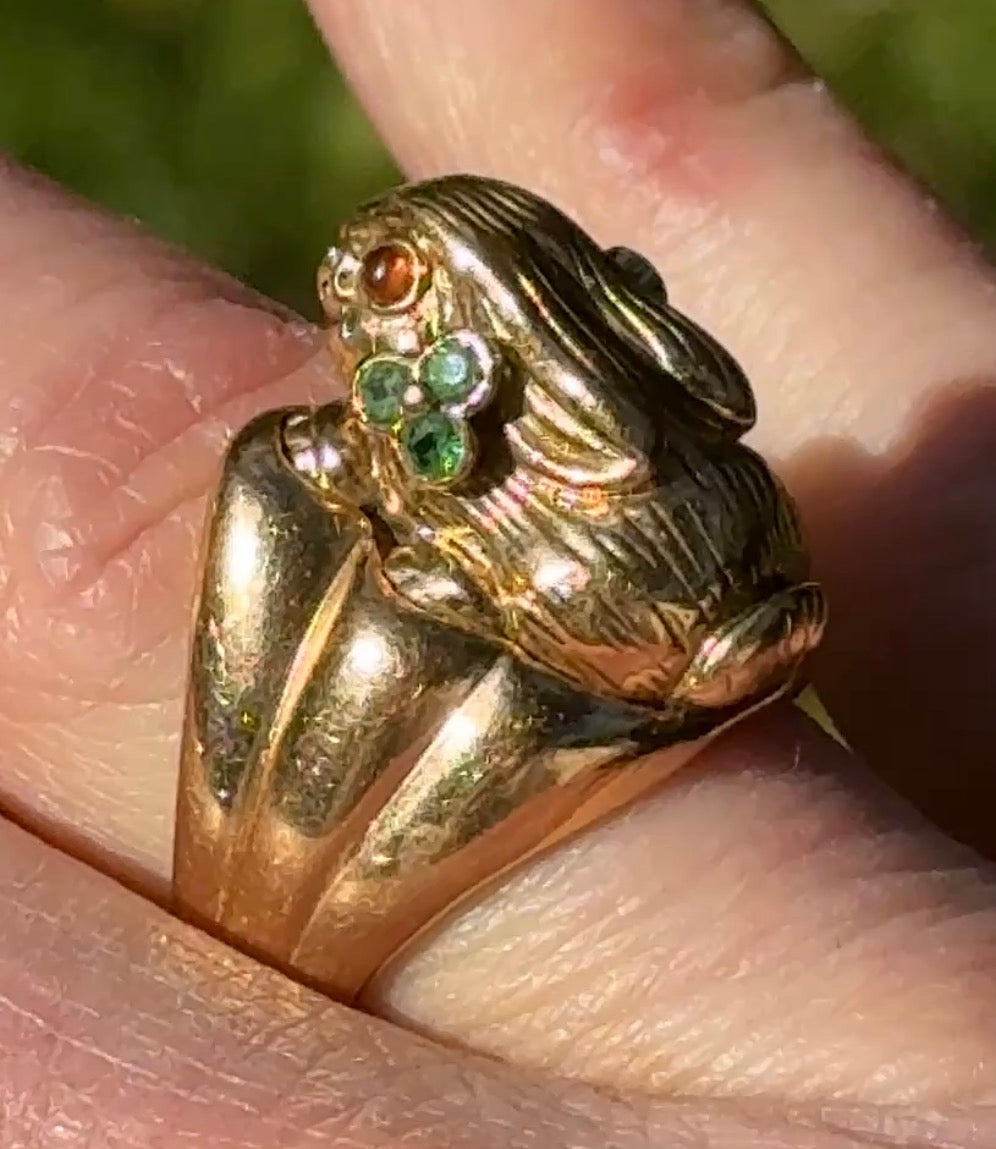 French Lucky Rabbit Ring, 18k Gold with Tsavorite Clovers & Citrine Eye, Size 6 Resizable