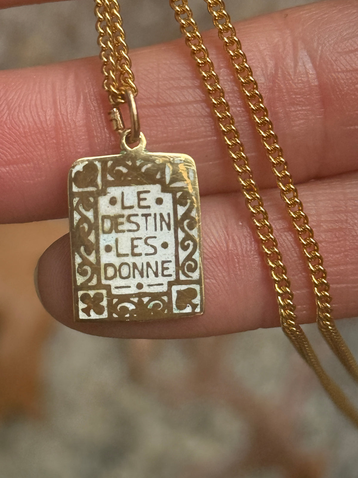 18k Yellow Gold Playing Card Charm – "Le Destin Les Donne, Nous Les Jouons" – Handmade Vitreous Enamel Pendant