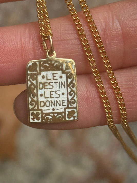 18k Yellow Gold Playing Card Charm – "Le Destin Les Donne, Nous Les Jouons" – Handmade Vitreous Enamel Pendant