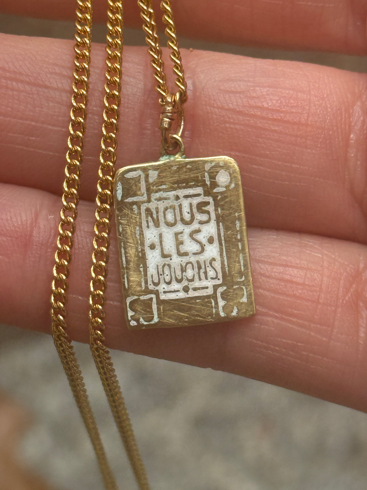 18k Yellow Gold Playing Card Charm – "Le Destin Les Donne, Nous Les Jouons" – Handmade Vitreous Enamel Pendant