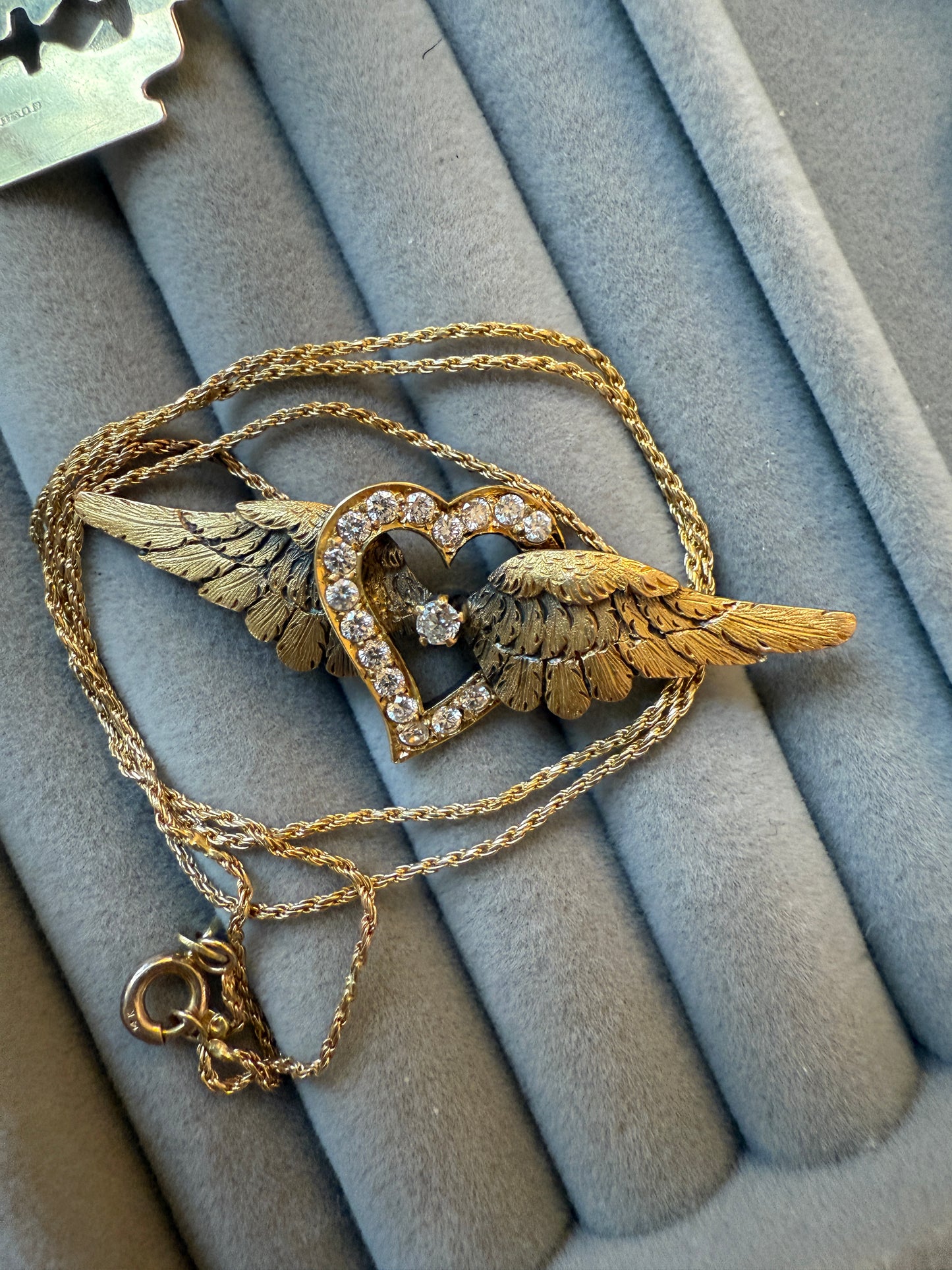 Antique 15k & Diamond Winged Heart Necklace