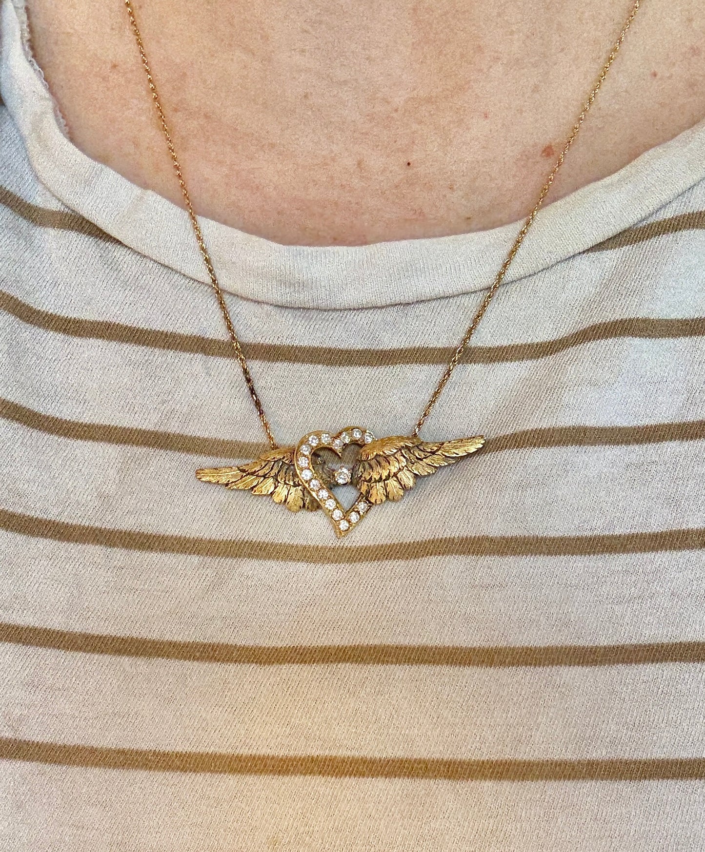 Antique 15k & Diamond Winged Heart Necklace